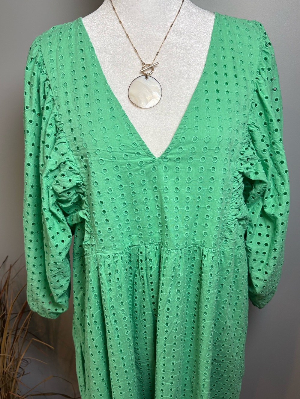 NWT Green Eyelet Puff Sleeve Midi Dress XL Cottagecore Boho Spring